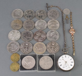 A silver keywind pocket watch and Albert and a lady's gold watch case, minor crowns 