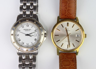 A gentleman's gilt cased Omega calendar wristwatch and a Raymond Weil steel do.