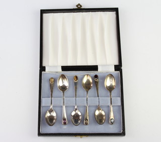 A set of 6 silver cased coffee spoons with semi-precious stone handles 