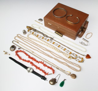 A natural coral necklace, minor jewellery and a leather jewellery box