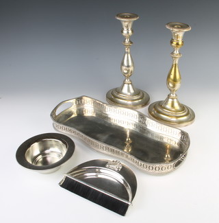 A pair of silver plated Adam style oval candlesticks 28cm and minor plated items