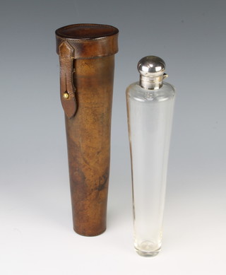 A sliver plated mounted conical clear glass flask with leather case 26cm 