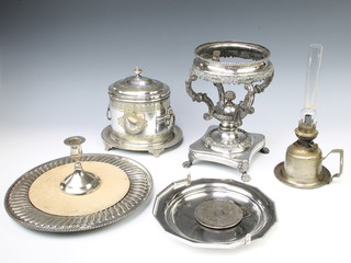 An Edwardian oval silver plated biscuit barrel with swing handles, a silver plated epergne stand and minor plated items