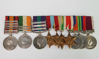 Family medal groups, a pair comprising Queens South Africa medal with Transvaal, Orange Free State, Tugela Heights,  Relief of Lady Smith, Cape Carney  bars and Kings South Africa with South Africa 1901 and South Africa 1902 bars to 5871 Corporal T Taylor.RL.Innis.Fus. and General Service medal with Palestine 1945-1948, South East Asia 1945-1946 and Palestine bars 1939-1945, Africa, Italy, France and Germany Stars, Defence, War medal and Long Service Good Conduct medal to 1058 572 SPR.C.W.H.Taylor Royal RE 