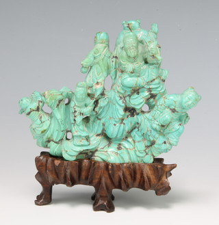 A 19th Century carved Chinese turquoise group of figures at pursuits 8cm 