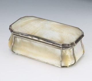 A 19th Century Continental mother of pearl box with white metal mounts 13cm 
