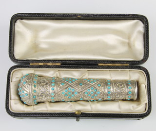 A 19th Century Continental parasol handle set with cabochon cut turquoise 10cm, cased 