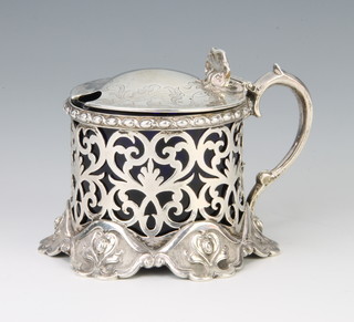 A Victorian pierced silver mustard with splayed base and blue glass liner, London 1856, 142 grams