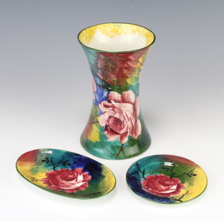 A Wemyss Ware waisted vase decorated with roses 15cm, 2 do. dishes 13cm and 10cm 