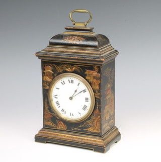 A Swiss timepiece with enamelled dial and Roman numerals contained in a Georgian style chinoiserie black lacquered case, the back plate marked Burne Swiss Made 