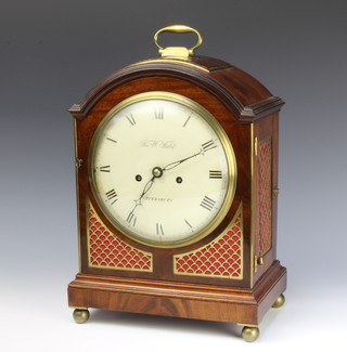 Thomas W Field of Aylesbury, a Georgian fusee striking bracket clock with painted dial and Roman numerals, contained in an arched mahogany case with brass grills to the side, the 15cm square brass back plate  marked Thomas Field Aylesbury