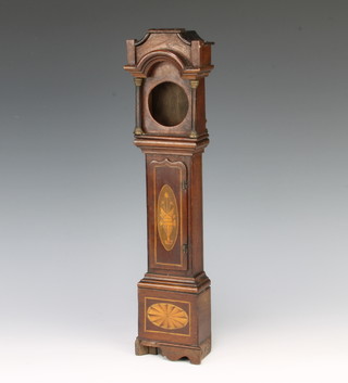 An inlaid mahogany Georgian style miniature longcase clock trunk with detachable hood 37cm h x 8cm w x 4cm d 
