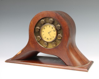 A Swiss 8 day timepiece contained in a turned wooden propellor boss 29cm h x 47cm w x 15cm d, the bore to the middle is 9cm diam. 