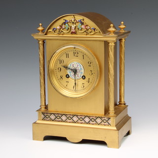 A 19th Century French 8 day striking mantel clock with gilt dial and Arabic numerals contained in a painted gilt metal and champleve enamelled case 