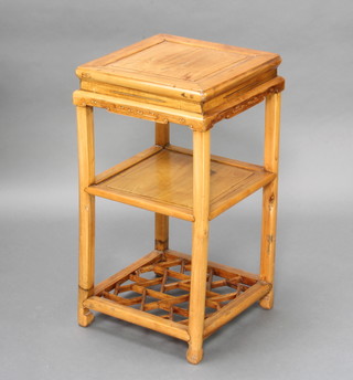 A Chinese light Padauk wood 3 tier square jardiniere stand with fretted base 75cm h x 40cm w x 39cm d 
