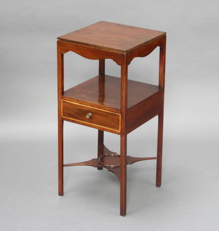 A square Georgian mahogany wash stand, fitted 3 bowl receptacle above a drawer and X framed undertier 77cm h x 36cm w x 36cm d 