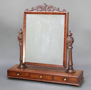 A Victorian rectangular plate dressing table mirror contained in a mahogany swing frame, the base fitted 3 long drawers, raised on bun feet 94cm h x 94cm w x 25cm d 