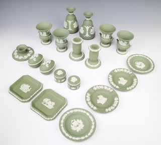 A pair of Wedgwood green Jasper urns 8cm, 2 vases, 2 urns, pair of candlesticks, candlestick, 4 boxes and 6 dishes 