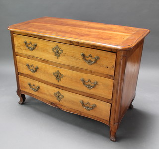 A French 18th Century fruitwood commode of D form fitted 3 long drawers with brass drop handles, raised on cabriole supports 86cm h x 118cm w x 62cm d 
