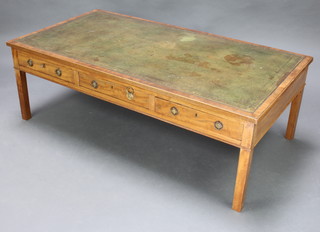 A 19th Century rectangular mahogany coffee table with inset green leather writing surface fitted 3 long drawers, raised on square tapered supports 49cm h x 142cm w x 75cm d 