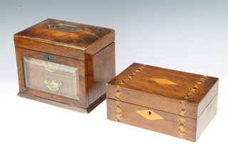A Victorian walnut jewellery box with hinged lid revealing a fitted interior, the base fitted 2 long drawers enclosed by a bevelled plate glazed panel 17cm h x 21cm w x 15cm d, together with a Victorian inlaid mahogany trinket box with hinged lid 9.5cm x 22cm x 14cm 
