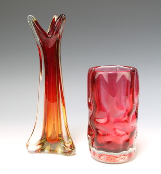 A cranberry glass knobbly vase 19cm, a studio do. 30cm 
