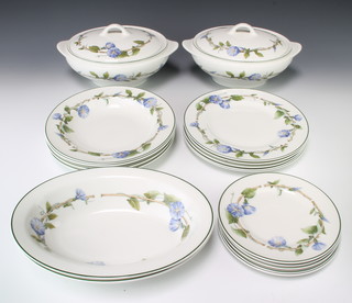 A Wedgwood Blue Delphi part dinner service comprising 5 small plates, 5 dinner plates, 4 soup bowls, 2 tureens, 2 vegetable dishes 
