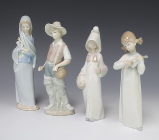 A Lladro figure of a girl holding flowers 22cm, do. of a fisher boy 21.5cm, a girl holding a basket 21cm and a girl playing an instrument 21cm 