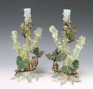 A pair of Victorian vaseline glass rustic 3 section vases with cold painted bronze mounts of robins and tits amongst acorns, indistinctly signed 30cm 