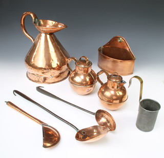 A copper one gallon harvest measure, a copper Jersey milk measure the base marked 3 1/2 23 High Street Jersey (dented), a metal and brass half pint milk measure, a copper demi-lune wall mounted steep and 3 cooking implements 
