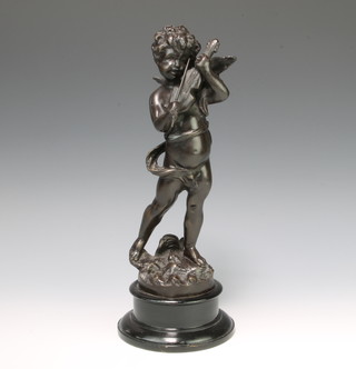 A Victorian style bronze figure of a standing cherub violinist raised on an ebonised socle base 35cm h x 14cm diam. 