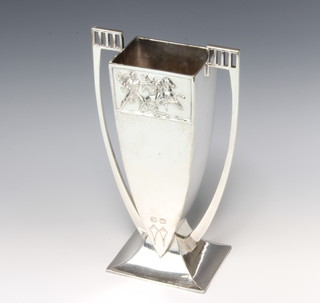 A WMF Art Nouveau polished metal twin handled vase decorated classical scenes, the base marked 304, raised on an out swept base, 32cm h x 13cm w x 10cm d  