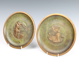 A pair of Danish Tonos bronze Art Deco plaques decorated fairy tale scenes 20cm, the reverse marked Tonos Aegte Bronce Made in Denmark  