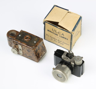 A Cornet midget camera contained in a brown Bakelite case together with a ULCA miniature camera and a section of original packaging (f) 