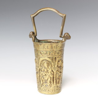 A 16th/17th Century German bronze holy water bucket, the top marked JVST VS-ET-PALMA.FLOREBIT 1551 18cm h x 11cm diam. 
