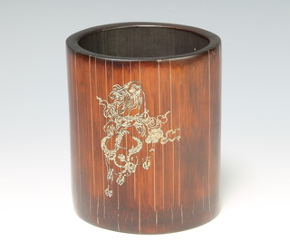 A Chinese cylindrical bamboo vase decorated a figure of a bull and sage 13cm x 11cm