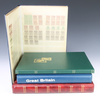 A blue stock book of GB stamps 1860-1965,  a similar green stock book, an album of mint Elizabeth II stamps 1955-76 and an album of various GB first day covers 
