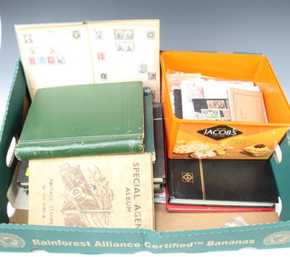3 stock books of world stamps and 6 albums of world stamps and a small collection of loose stamps 
