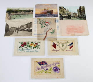 3 First World War embroidered postcards, coloured postcard of Anchor Lines TSS Massilia and a small collection of postcards 