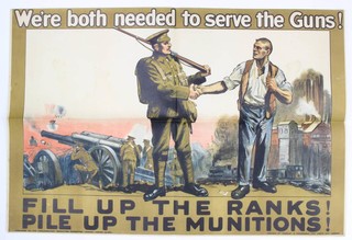 A First World War recruiting poster published by the Parliamentary Recruiting Committee, May 1915, poster no. 85c - We're Both Needed to Save the Guns, Fill Up The Ranks, Pile Up the Munitions 50cm x 75cm 