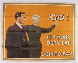 A First World War recruiting poster published by the Parliamentary Recruiting Committee, June 1915, poster no. 109 - Go! It's Your Duty Lad Join To-day 102cm x 127cm 