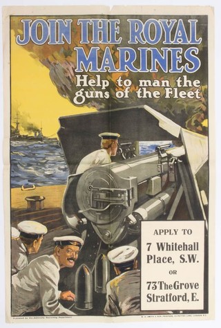 A First World War recruiting poster published by the Admiralty Recruiting Department, 1915, Join The Royal Marines, Help to Man the Guns of the Fleet, printed by W H Smiths & Sons 76cm x 51cm  