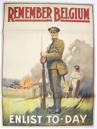 A First World War recruiting poster published by the Parliamentary Recruiting Committee, December 1914- March 1915, poster no. 16 - Remember Belgium, Enlist To-day, printed by Henry Jenkinson  100cm x 74cm 
