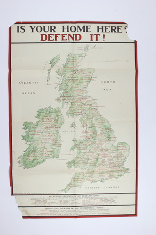 A First World War recruiting poster published by the Parliamentary Recruiting Committee, 1915, poster no. 126 - Is Your Home Here? Defend It! printed by Roberts and Leete 99cm x 61cm, 