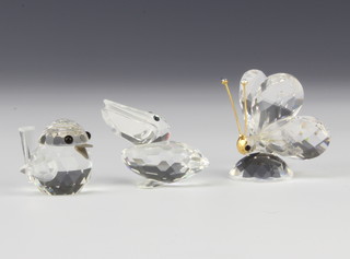 Three Swarovski Crystal figures - pelican 3cm, bird 3cm and butterfly 3cm 