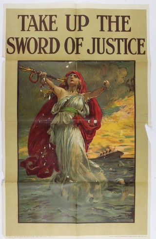 A First World War recruiting poster published by the Parliamentary Recruiting Committee, June 1915, poster no. 105 - Take up the sword of Justice, original artwork by Bernard Partridge 102cm x 63cm 