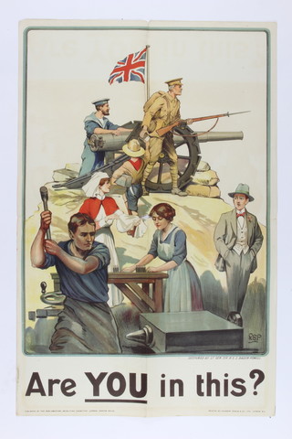 A First World War recruiting poster published by the Parliamentary Recruiting Committee, July 1915, poster no. 112 - Are You in This? Designed by Lieutenant-General Sir Robert Baden-Powell, 76cm x 51cm 