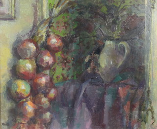 J Reville, oil on canvas, signed, stylish still life study with a jug and fruits, 49cm x 59cm 