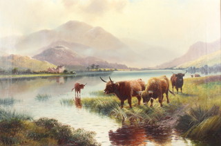 H R Hal, WBA, oil on canvas, signed, highland cattle in an extensive mountainous landscape 40cm x 60cm 