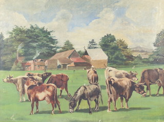 20th Century oil on canvas,  unsigned, cattle and donkey in a country landscape 45cm x 60cm 